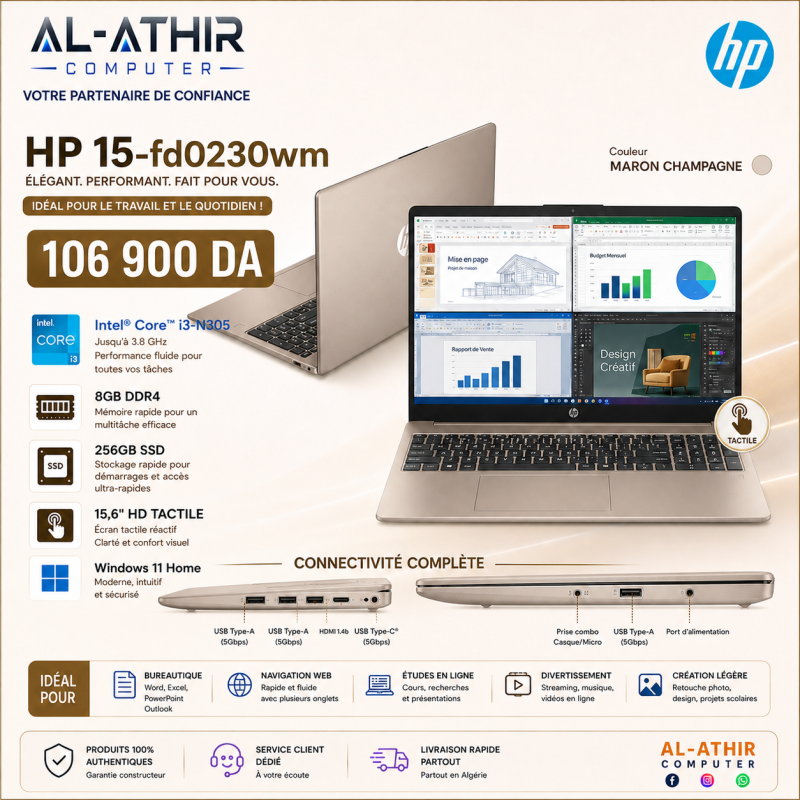 HP 15-fd0230wm Intel Core i3-N305 | ECRAN 15.6" FHD TACTILE