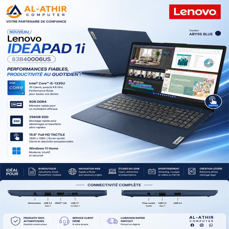 Ideapad 1 15IRU7 Intel Core i5-1335U | Ecran 15,6" TACTILE | 8 Go de RAM | SSD 256 Go | Win 10H