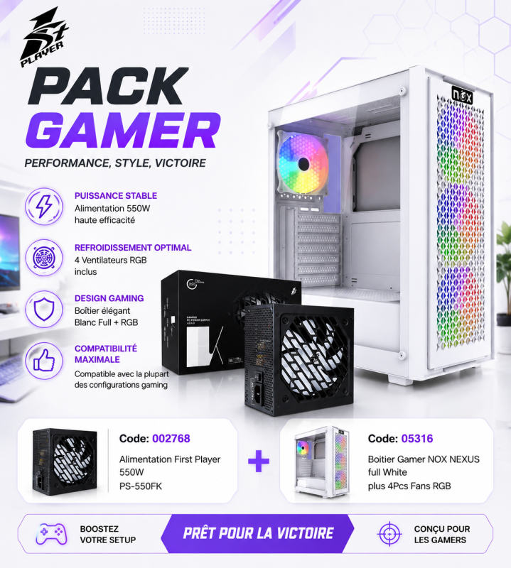 Kit Alimentation First Player 550W PS-550FK Plus Boitier Gamer NOX NEXUS full White plus 4Pcs Fans RGB - View 1