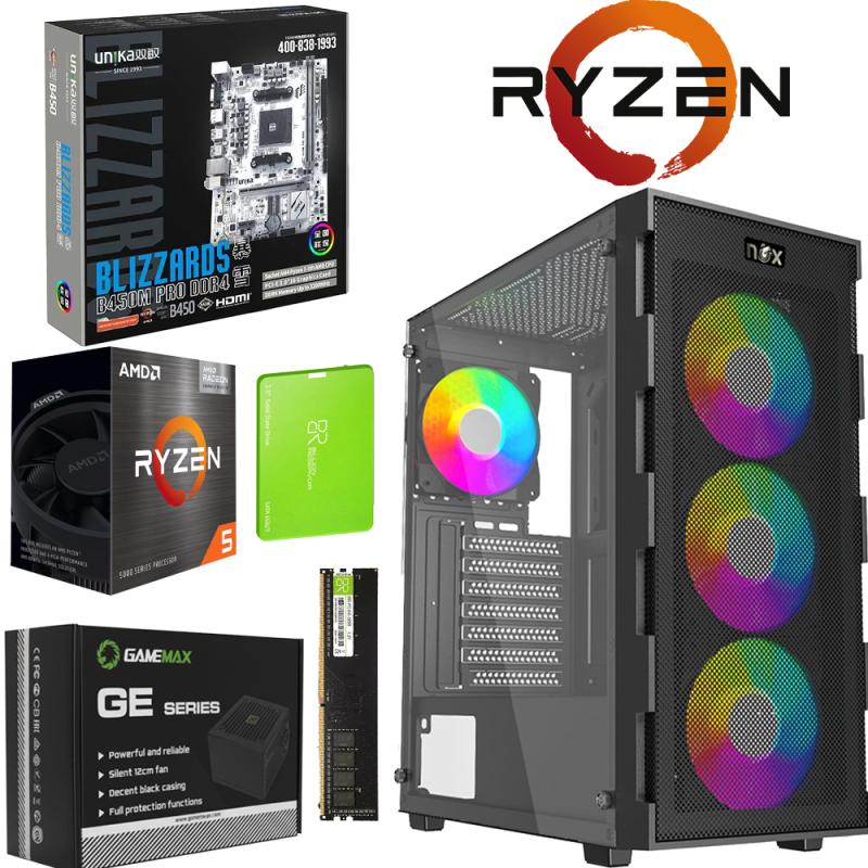 Unite Gamer AMD RZN5 3400G/CM UNIKA B450M PRO/DDR4 8G 3200Mhz/SSD 256 GB /PSU 550W/CASE NOX QUANTUM full Black plus 4Pcs Fans RGB