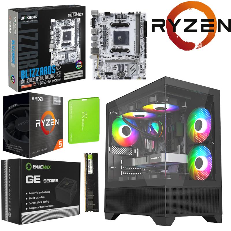 Unite Gamer AMD RZN5 5600GT/CM UNIKA B450M PRO/DDR4 8G 3200Mhz/SSD 256 GB /PSU 550W/CASE NOX PHANTOM full Black plus 3Pcs Fans M42-12cm ARGB