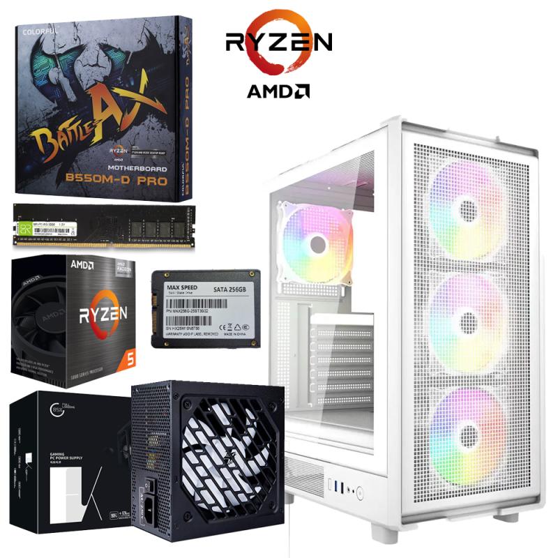 Unite Gamer AMD RZN(5) 5650G/CM B550MT /DDR4 8G 3200Mhz/SSD 256GB /PSU 550W/CASE NOX NEXUS full White plus 4Pcs Fans RGB
