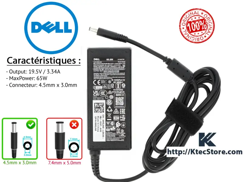 Chargeur Laptop DELL 19.5V/3.34 4.5*3.0mm 1631