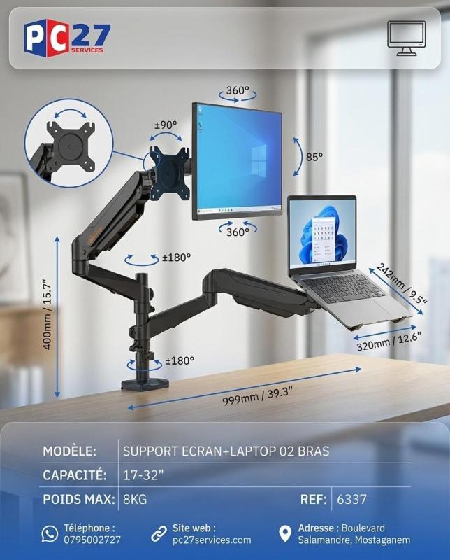 SUPPORT ECRAN+LAPTOP 02 BRAS:17"-32",8KG REF: CT-LCD-DSA1002LT
