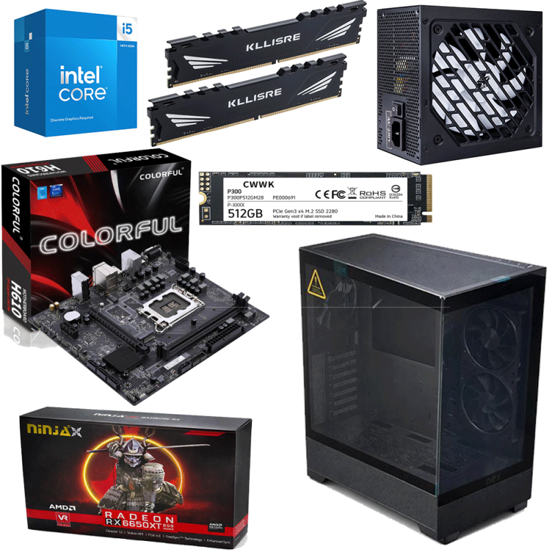 Unite Gamer Intel I5 14400F /CM H610 DDR4 /RAM DDR4 08G x2 3200Mhz/ SSD 512GB NVMe / PSU 550W BLACK/Carte Graphique RX 6650 XT 8GB DRR6 BLACK/ Case NOX PHANTOM BLACK