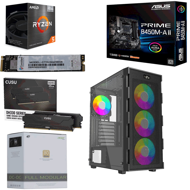 Unite Gamer RYZEN 5-5600GT/CM B450M DDR4 /RAM DDR4 16G x2 3200Mhz/ SSD 256GB NVMe /PSU 550W BLACK/ Case NOX Quantum BLACK